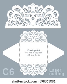 Vector die laser cut envelope template. Invitation envelope. Wedding lace invitation mockup.