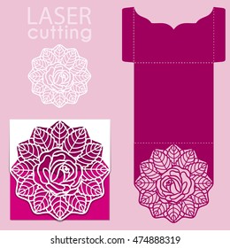 Vector die laser cut envelope template with rose flower. Wedding lace invitation mockup. Vector die laser cut wedding card template.