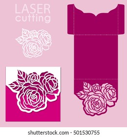 Vector Die Laser Cut Envelope Template With Rose Flower. Wedding Lace Invitation Mockup. Vector Die Laser Cut Wedding Card Template.