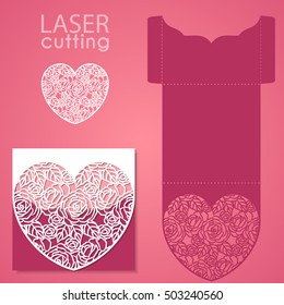 Vector die laser cut envelope template with pattern of roses. Wedding or valentine lace heart invitation mockup.