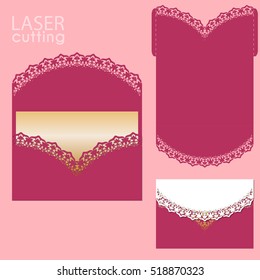 Plantilla de envolvente de corte láser de troquel de Vector. Maqueta de invitación de encaje de Boda. Plantilla de tarjeta de boda de corte láser de Vector.  Troquelado de bolsillo sobre Plantilla. Adecuado para tarjetas de felicitación, invitaciones, menús. 