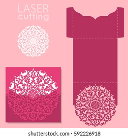 Vector die laser cut envelope template. Wedding lace invitation mockup. Laser cut wedding card template. Invitation envelope.