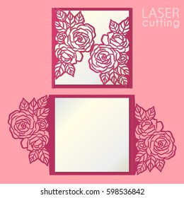 Vector die laser cut envelope template with rose flower. Wedding lace invitation mockup. Cutout paper gate fold card for laser cutting or die cutting template.