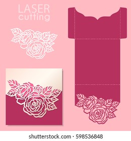 Vector die laser cut envelope template with rose flower. Wedding lace invitation mockup. Vector die laser cut wedding card template.