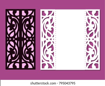 Vector die laser cut envelope template. Invitation envelope. Wedding lace invitation mockup. Greeting card with vintage ornament. Vector mock-up for lazer cutting. Paper classic silhouette.
