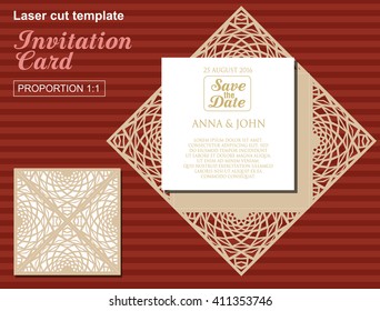 Vector die laser cut wedding card template. Wedding invitation card mockup.