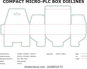 Modelo de corte vetorial para uma caixa compacta de embalagem microplc com dimensões e especificações