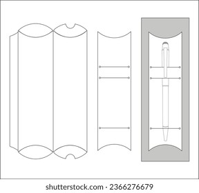 Plantilla de corte vectorial de empaque individual en forma personalizada para plumas, lápices, marcadores y más. Dibujo en blanco y negro.