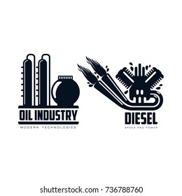 Vector Diesel Gasoline Engine With Fire From Exhaust Pipe, Oil Refinery Plant Simple Flat Icon Pictogram Set Isolated On A White Background. Gas Oil Fuel, Energy Power Petroleum Industry Symbol, Sign