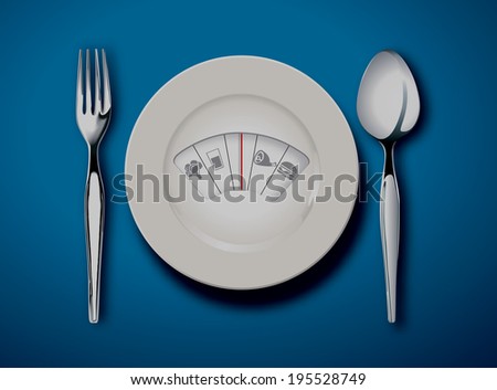 Vector of Diet menu. White plate with weight scale 