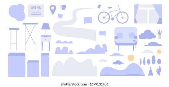 Vector diferent elements and objects to create backgrounds, landscape, interior