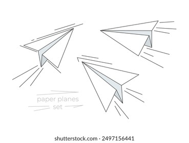 Vector different angles paper planes icons set. Editable outline art. Contour sign. Cute kids toy aircraft. Cartoon element for back to school card design, children's event advertising. Flight concept