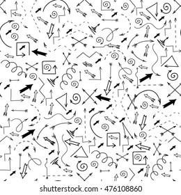 Vector Different Arrows Seamless Pattern on White. Hand Drawn Symbols