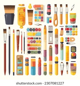 vector different art supplies vector illustrations set, tools and equipment for Stationery, flat design , white background