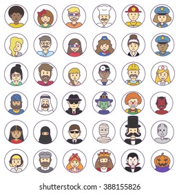 Vector different avatars people. Big set with isolated avatar people. Set face icons. Man and girl set icon.