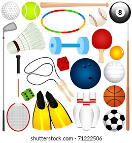 Vector of different Balls, exercise equipments isolated on white - golf ball, bowling, basketball, tennis, etc. A set of cute and colorful icon collection isolated on white background