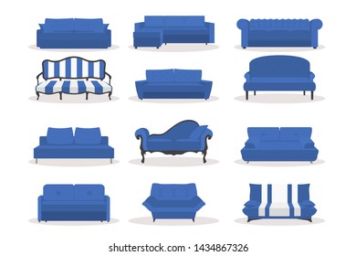 Vector Different Blue Leather Luxury Office Sofa, Couch Icon Set in Flat Style Isolated on White Bsckground. Simple, Modern, Retro, Classic, Vintage Style. Templates for Interior Design, Living Room