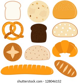 Vector of different Bread - pita, wholewheat, pretzel, Finnish bread, crescent, baguette, croissant, French bread. A set of cute and colorful icon collection isolated on white background