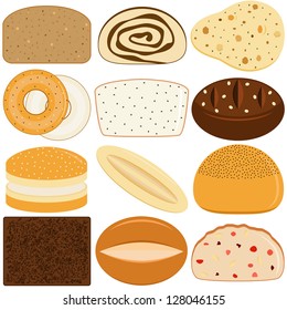 Vector of different Bread - rye bread, marble bread, naan, baguette, bagel, hamburger, French bread, Danish bread, Pumpernickel. A set of cute and colorful icon collection isolated on white background