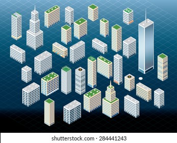 vector different buildings in isometric projection