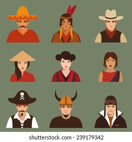 vector different characters pirate, pilot, cowboy, viking, mexiacn, indian, american and asian people faces,