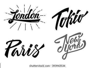 vector Different city names hand-lettering on white background