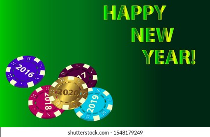 Vector different color and gold 2020 casino chips on green background. Isometric stock illustration for Christmas and New Year. Winter holiday card or banner design.