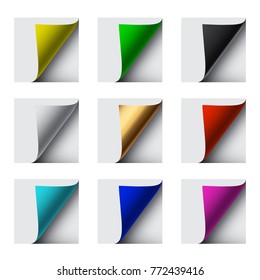 Vector different color sheet curl corners on grey background.