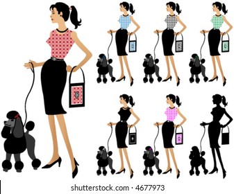 Vector Different colored versions of woman with handbag walking dog. Red, blue, black,  green, pink, silhouette. Very detailed.