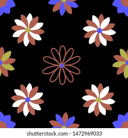 Vector different colorful flowers seamless pattern. Geometric botanical illustration. Wallpaper, fabrics, textile design, packaging.