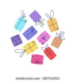 Vector different colorful gift boxes in a wrapper in a circle. Stock Illustration