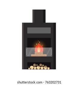 Vector different colorful home fireplace with fire and firewood isolated on white background. Design elements for room interior in flat style, fire warm - stock illustration