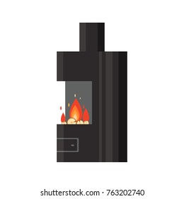 Vector different colorful home fireplace with fire and firewood isolated on white background. Design elements for room interior in flat style, fire warm - stock illustration