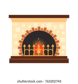 Vector different colorful home fireplace with fire and firewood isolated on white background. Design elements for room interior in flat style, fire warm - stock illustration