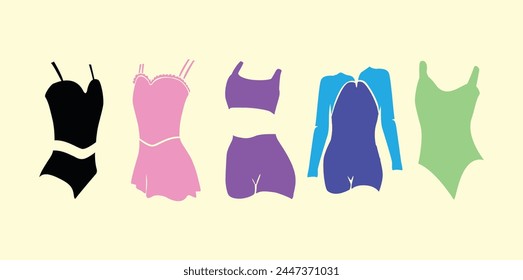 Vector of different colors and silhouettes of women's swimsuits with yellow background