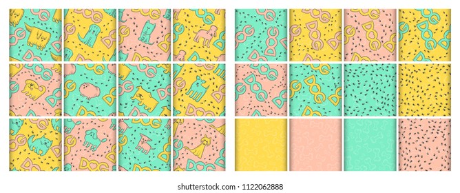 Vector different comic dogs and footprints set seamless patterns. Funny caricature animals characters. Background color contour sketch fabric print with bones, inscription and heart.