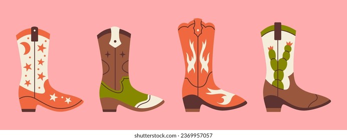 Vektorverschiedene Cowboystiefel. Wild-West-Konzept. Westliches Set.