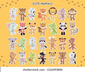 Vector different cute animal sticker template. Illustration set with different animals on yellow background.  