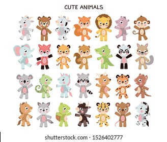 Vector different cute animal sticker template. Illustration set with different animals