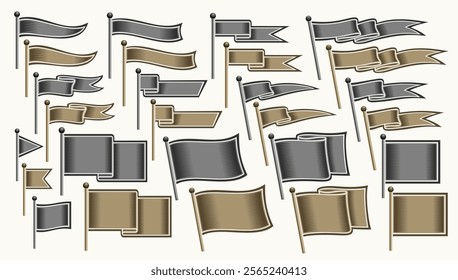 Vector Different Flag Set, collection of cut out illustrations curved and straight variety decorative flags with copy space for slogan, group of 27 various horizontal layout flags on white background