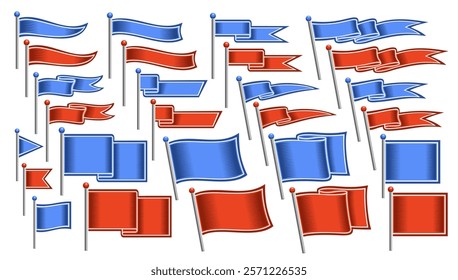 Vector Different Flag Set, collection of cut out illustrations curved and straight variety decorative flags with copy space for slogan, group of 27 various horizontal layout flags on white background