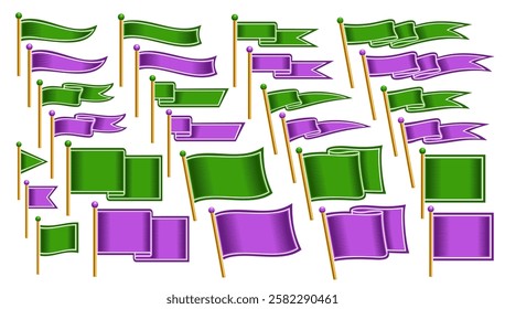 Vector Different Flag Set, collection of cut out illustrations curved and straight variety decorative flags with copy space for slogan, group of 27 various horizontal layout flags on white background