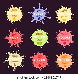 Vector different flavors yogurt splashes, labels, icons on dark backgound.