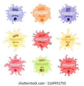 Vector different flavors yogurt splashes, labels, icons.