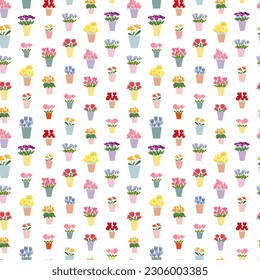 Vector different flowers bouquets seamelss pattern. Flat flowers in vases pattern. Tulips. roses, daffodils and irises