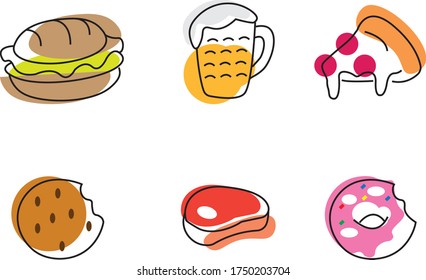 Vector of different foods. Donut, pizza, beer, meat and biscuit. Fine lines and colored spots.