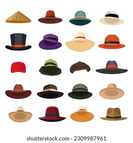 Vector Different Hats. Female, Womens and Mens Hat, Cap Icon Set Isolated. Summer Beach Head Accessory, Traditional, Farmers Headdress Hat Collection in Flat Style. Front View