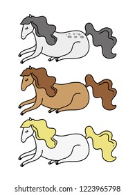 Vector different horses set. Poster and banner element, children's book illustration, postcard, gift card, print for t-shirt and more, sticker, label and other. Isolated on white background.