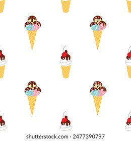 Vector different ice cream in waffle cones flat seamless pattern