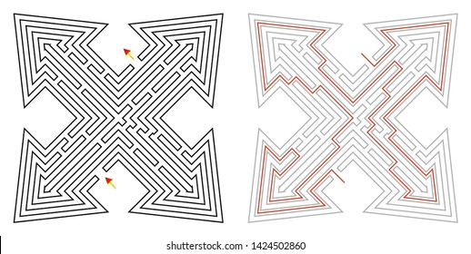 Vector of different (maze) labyrinth with solution. Labyrinth design with entry and exit arrows. 